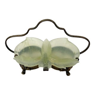 Early 20th Century Chinese Export Carved Celadon Jade & Brass Butterfly Peach Dish For Sale