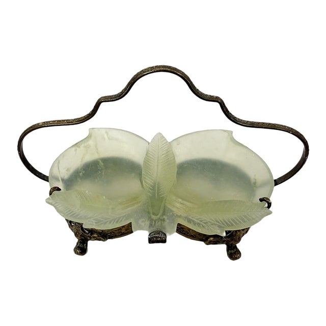 Early 20th Century Chinese Export Carved Celadon Jade & Brass Butterfly Peach Dish For Sale