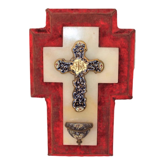 Antique Mid 19th Century French Marble and Cloisonne Hanging Holy Water Font For Sale