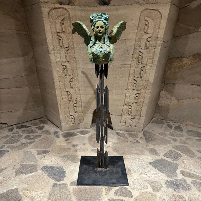 Greek Sphinx Verdigris Sculpture Female Bronze and Forged Steel For Sale - Image 11 of 11