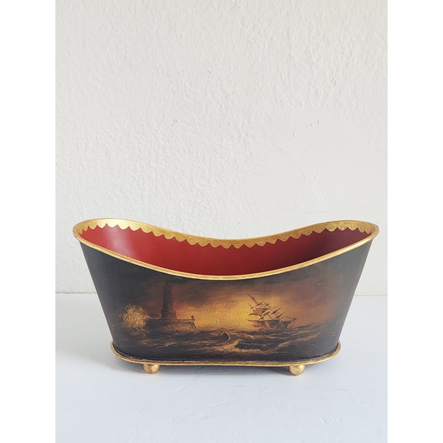 Decorative handpainted bassin form large Jardiniere featuring a old warship at sea. The jardiniere or planter is...