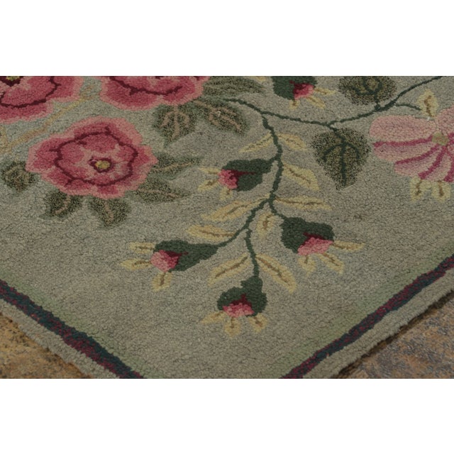 Rug & Kilim Antique Hooked Rug With Floral Medallions in Soft Sage Green - Rug & Kilim For Sale - Image 4 of 7