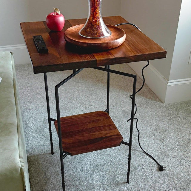 Solid Walnut Side Table, Two-Tier End Table Nightstand, Forged Steel Base, Small Bedside Table For Sale - Image 4 of 7