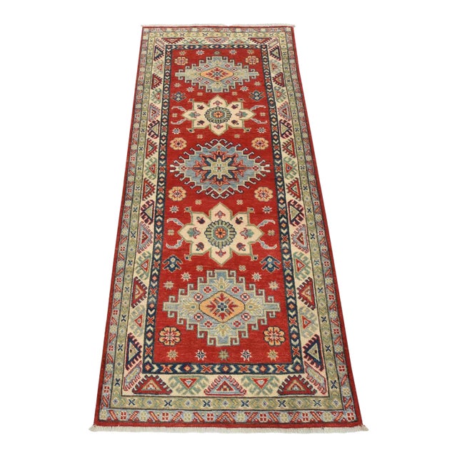 Kazak Runner 2’8” X 6’4” Red Wool Tribal Hand-Knotted Oriental Rug For Sale