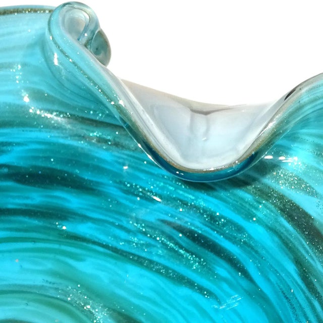 Murano Murano Aqua Blue Copper Aventurine Swirls Vintage Italian Art Glass Scroll Edge Decorative Bowl For Sale - Image 4 of 5