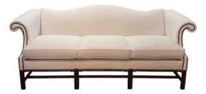 Vintage Chippendale Style Mahogany Frame Camel Back Ivory Geometric Print Upholstered Sofa