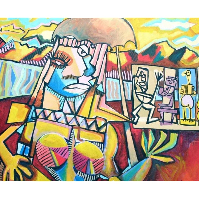 Modernist oil painting of a woman w/ musicians by San Francisco artist Michael William Eggleston (American, 20th century)....