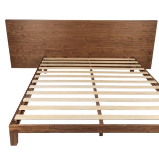 Custom Wall to Wall Velvet Headboard and Walnut King Sized Bed Frame For Sale