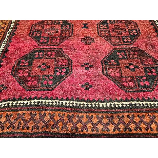 Vintage Afghan Bokhara Area Rug, Hand-Knotted Wool, Allover Geometric Pattern, Plum & Burgundy, 4x5 For Sale - Image 12 of 17