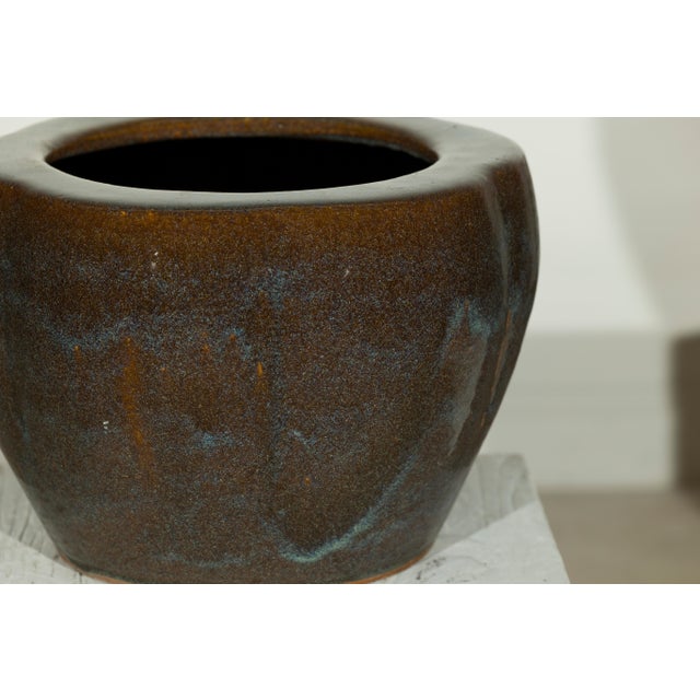 Chinese Vintage Chinese Brown and Blue Glazed Handcrafted Ceramic Planter For Sale - Image 3 of 17