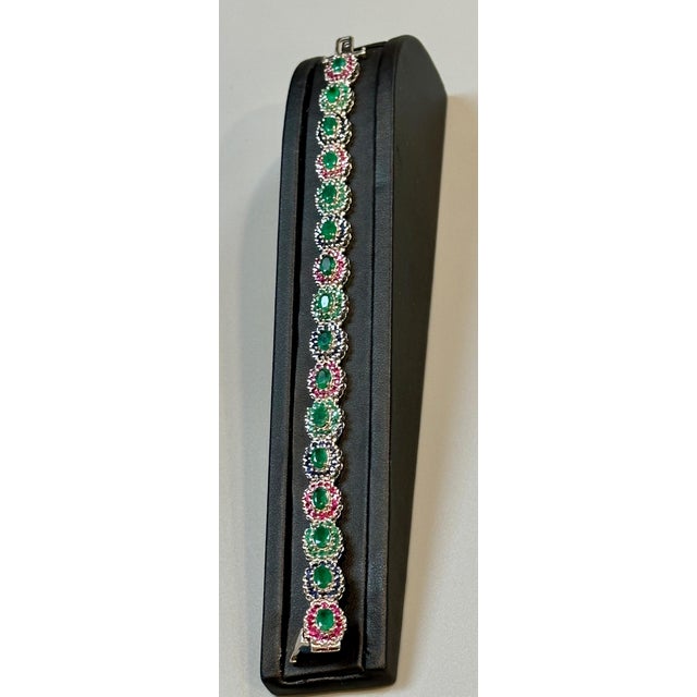 2010s 8 Ct Oval Cut Emerald & Ruby & Sapphire Tennis Bracelet 14 Kt White Gold 25.5Gm For Sale - Image 5 of 18