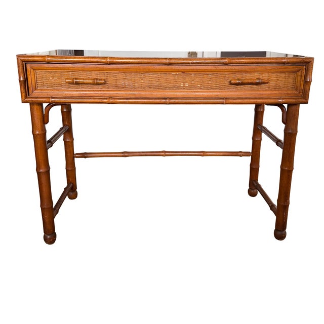 American of Martinsville Faux Bamboo & Cane Writing Desk Console Table MCM For Sale - Image 11 of 11