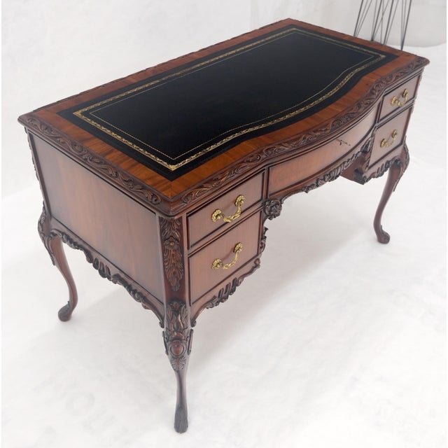 Carved Mahogany Embossed Black Leather Top Petit Compact 5 Drawers Desk MINT For Sale - Image 12 of 14