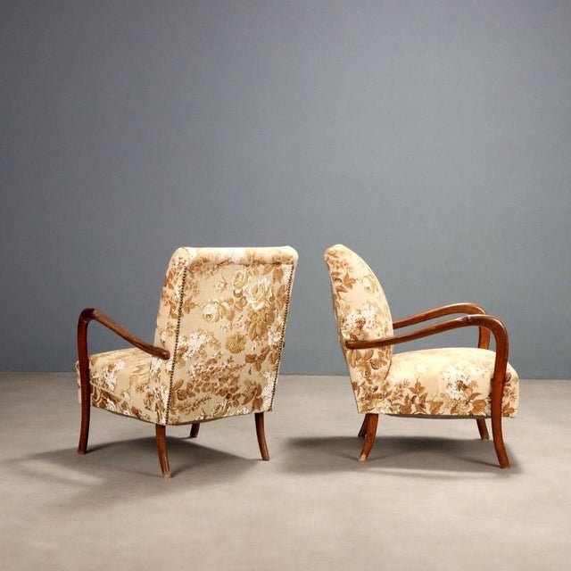 Brown Vintage Armchairs in Beech and Fabric Upholstery, 1960s, Set of 2 For Sale - Image 8 of 9
