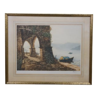 Antique French Paul Prud'homme Signed Coastal Stone Arch Lake Boat Etching 32" For Sale