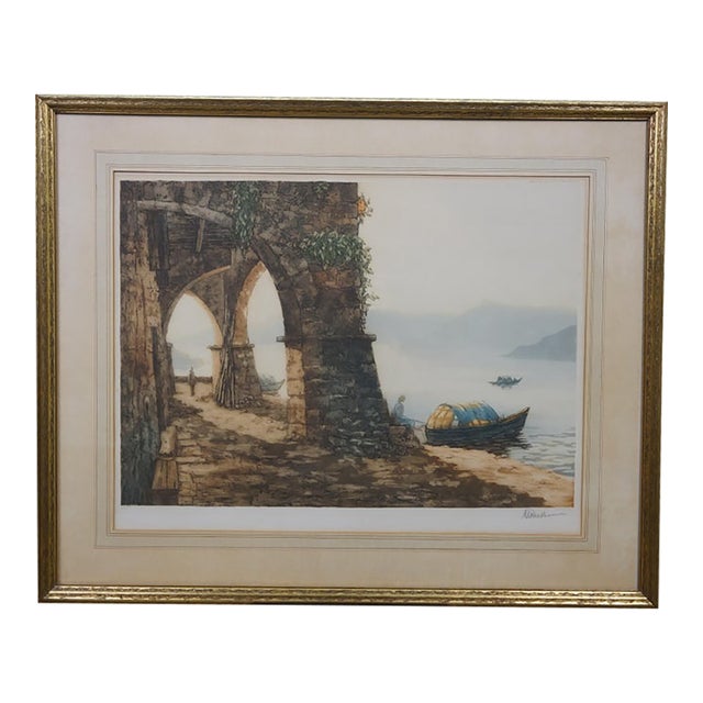 Antique French Paul Prud'homme Signed Coastal Stone Arch Lake Boat Etching 32" For Sale