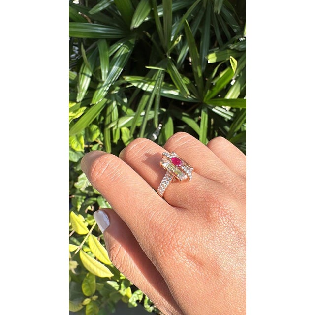 2020s Set in 18k Rose Gold, Morganite, Mozambique Ruby & Diamonds Engagement Ring, Us Size 6.75 For Sale - Image 5 of 10