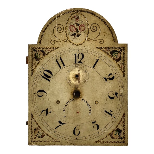 Antique American Hand Painted Wood Grandfather Clock Dial by Connecticut Maker Silas Hoadley - Circa Very Early 1800s For Sale