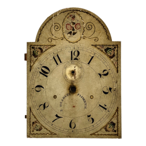 Antique American Hand Painted Wood Grandfather Clock Dial by Connecticut Maker Silas Hoadley - Circa Very Early 1800s