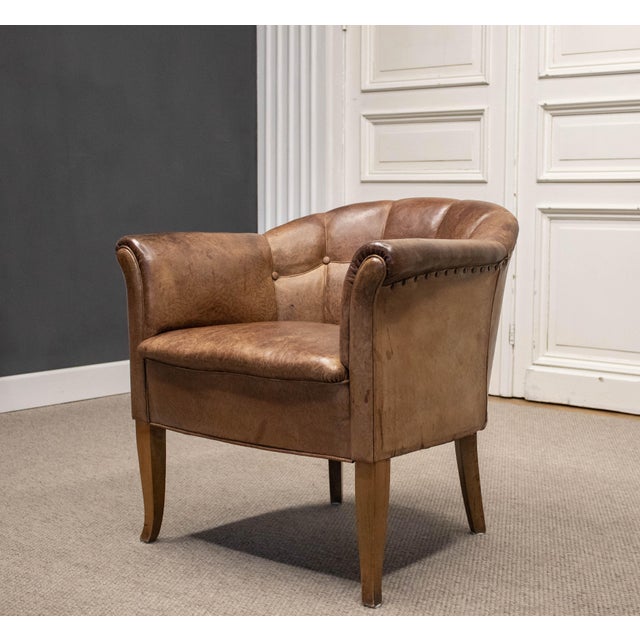 Wood Art Nouveau Swedish Club Chair in Brown Leather, 1940s For Sale - Image 7 of 11