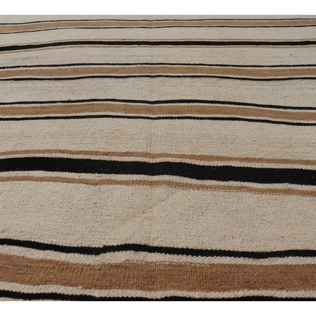 Textile Vintage Turkish Kilim Rug With Ivory, Brown and Deep Charcoal Stripes For Sale - Image 7 of 11