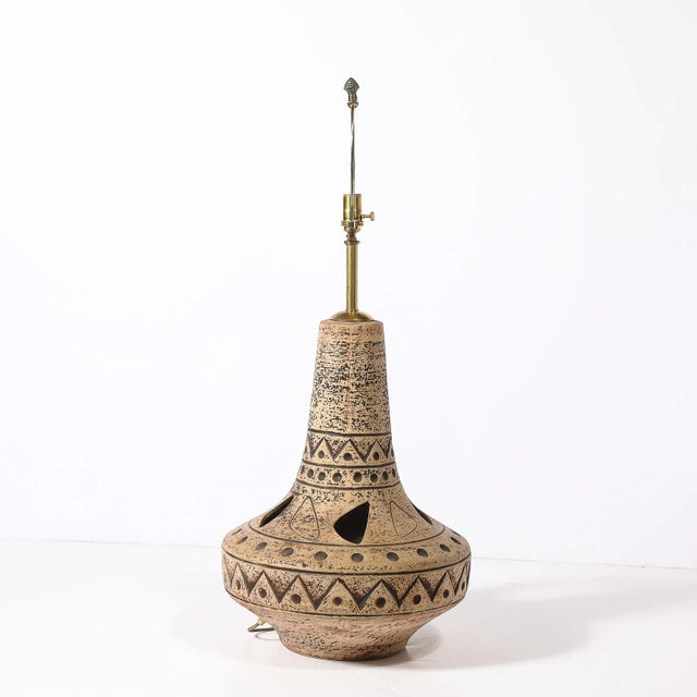 Mid-Century Ceramic Table Lamp W/ Geometric Umber Motifs & Organic Cutout Detail For Sale - Image 9 of 14