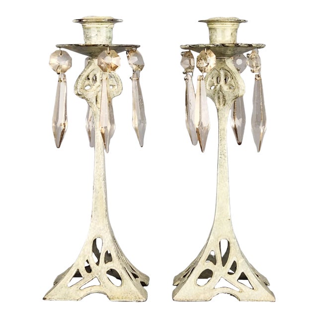 Early 20th Century Art Nouveau Candlestick Holders With Glass Crystal Prisms - Set of 2 For Sale
