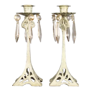 Early 20th Century Art Nouveau Candlestick Holders With Glass Crystal Prisms - Set of 2