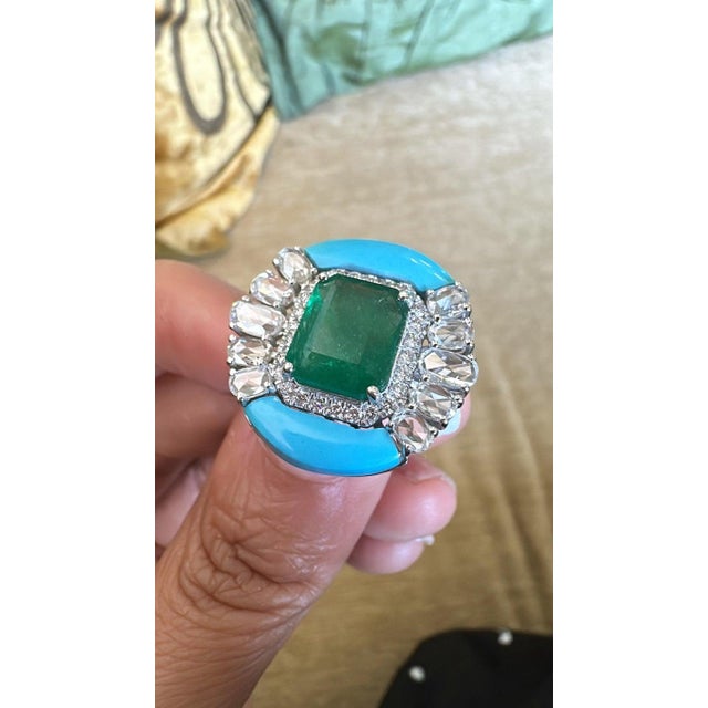 Set in 18k Gold, Zambian Emerald, Turquoise & Rose Cut Diamonds Cocktail Ring, Size 6.5 For Sale - Image 11 of 11