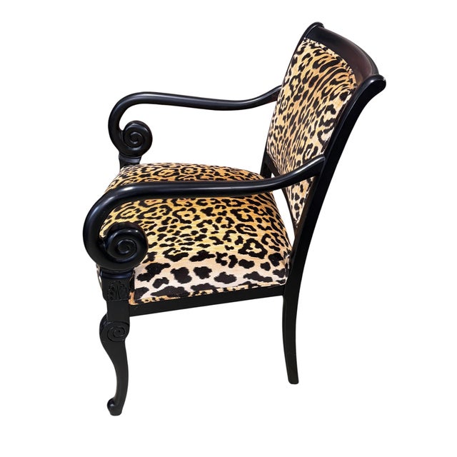 Elegant Vintage French Style Black Lacquer Wood Armchair W/Animal Print For Sale In New York - Image 6 of 9