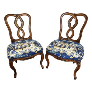 Vintage Pretzel Back Wood Chairs With New Statement Upholstery- A Pair For Sale