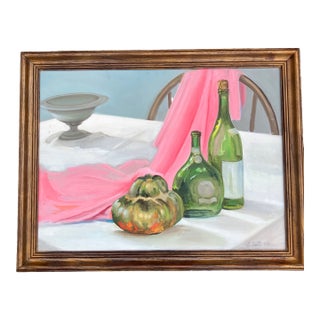 1980’s Original Modernist Still Life Painting With Bottles & Gourd Pink Drape Vintage Wood Frame For Sale