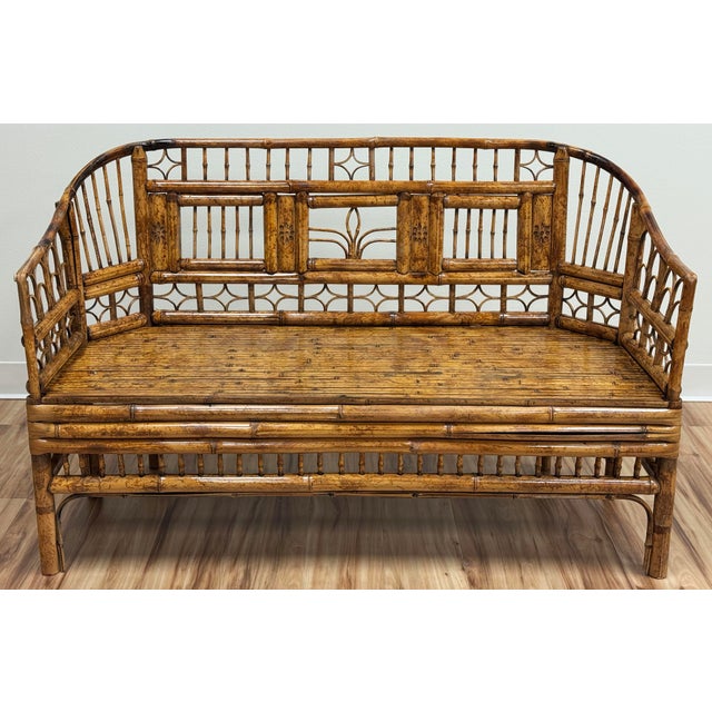 Absolutely gorgeous Brighton Pavillion style settee featuring natural finish and split reed seat. Stunning Chinoiserie...