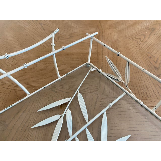 Mario Torres 1970s Large Bamboo Pagoda-Style White Iron & Glass Tray With Leaf Detail For Sale - Image 4 of 11