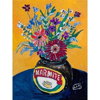 "Harvest Wildflower Bouquet in Marmite Jar" Contemporary Still Life Mixed-Media Painting by Lara Lee Meintjes For Sale