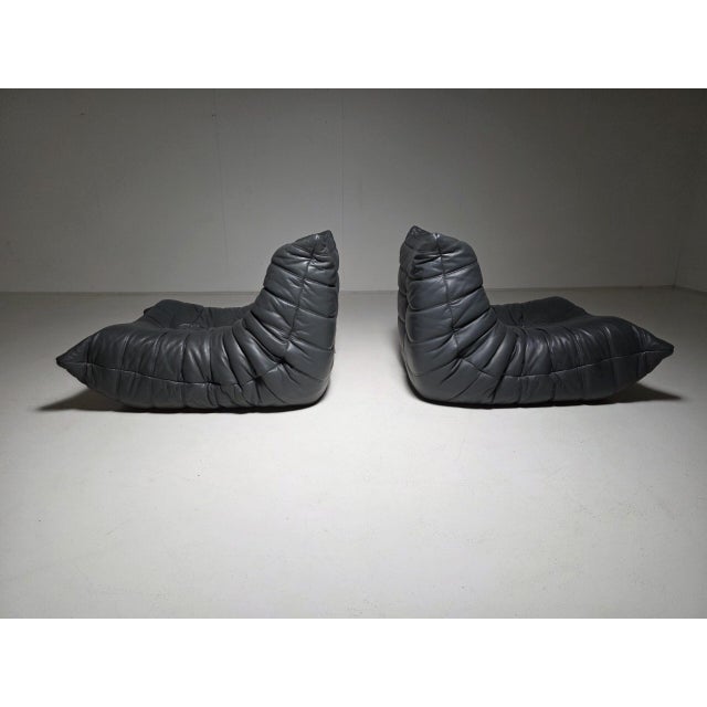 An original pair of vintage togo lounge chairs upholstered in their original dark blue-grey leather. Designed by michel...