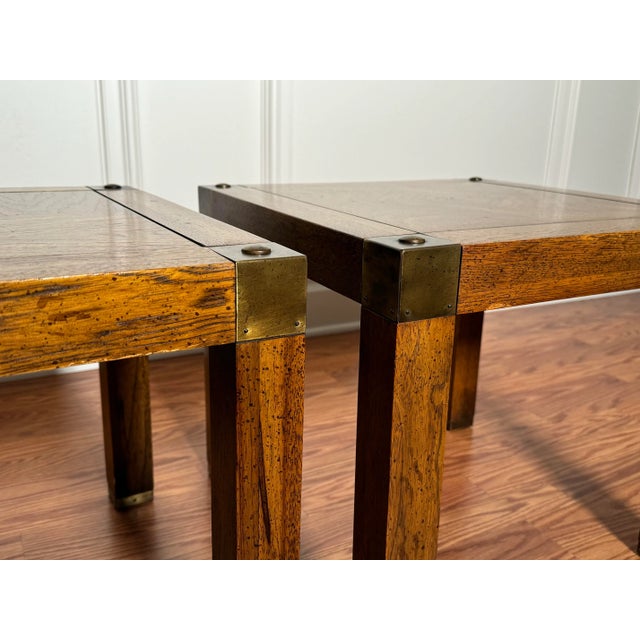 Campaign Style Parquet Solid Wood & Brass Side Tables, a Pair For Sale - Image 10 of 10