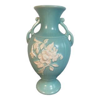 1930s Weller Pottery Aqua Vase Signed Cameo Rose For Sale