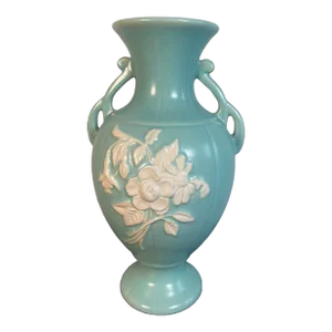 1930s Weller Pottery Aqua Vase Signed Cameo Rose