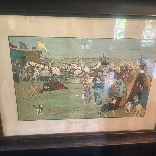 1 of 4 different blue market races we have listed separately; original frame with wavy glass; vibrant colors.