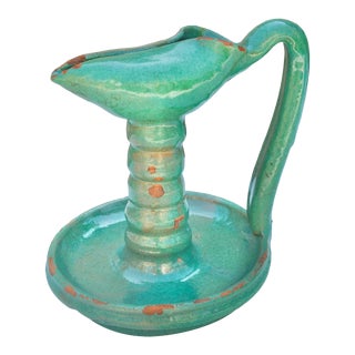 Antique Handmade Teal Green Moroccan Judaical Ceramic Oil Lamp For Sale