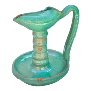 Antique Handmade Teal Green Moroccan Judaical Ceramic Oil Lamp