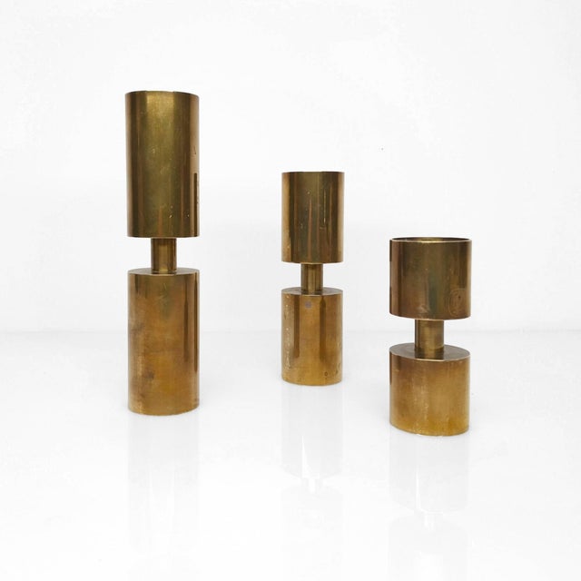 Metal Scandinavian Candlesticks in Brass by Thelma Zoega, Sweden, 1976, Set of 3 For Sale - Image 7 of 7