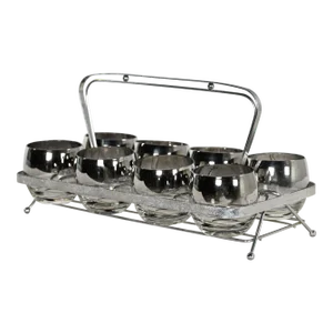 Vintage MCM Silver Fade Roly Poly Cocktail Glasses Set of 8 With Chrome Carrier Style of Dorothy Thorpe