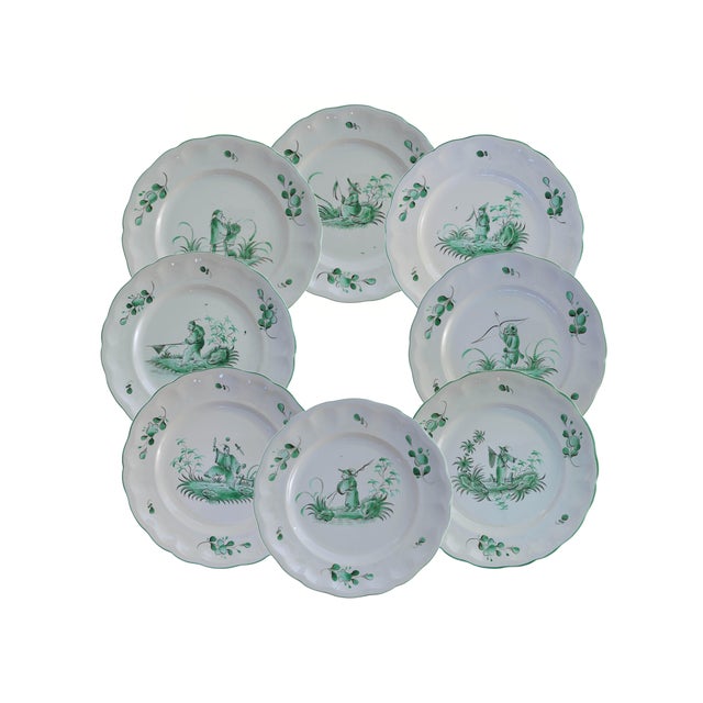 1980s French Chinoiserie St Clément Faience Dinner Plates East Wind Pattern - Set of 8 For Sale - Image 4 of 18