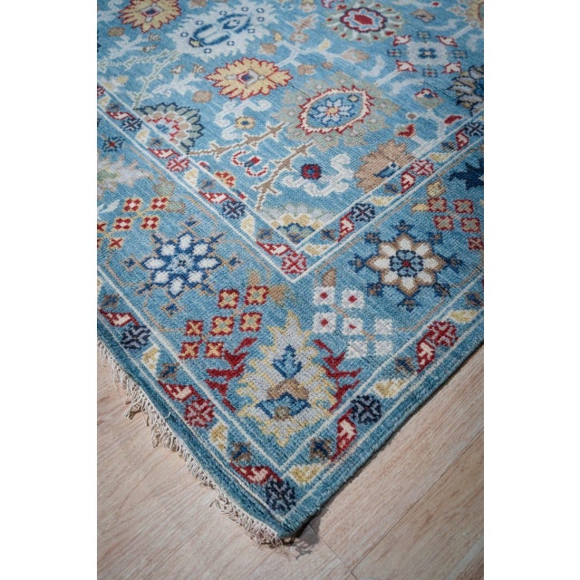 8x10 Turquoise Traditional Floral Oushak Hand Knotted Wool Carpet Rug For Sale - Image 4 of 6