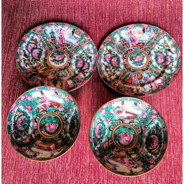 Ceramic Porcelain Bowls with Plates with Pink Medallion, Set of 4 For Sale - Image 7 of 7