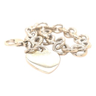 1990s Tiffany & Co Estate Bracelet with Heart Charm Sterling Silver 7" For Sale