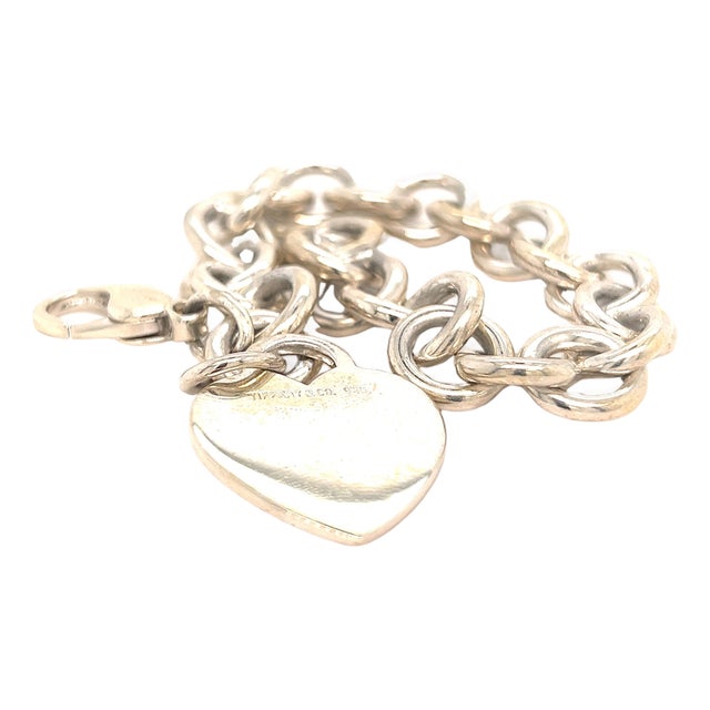 1990s Tiffany & Co Estate Bracelet with Heart Charm Sterling Silver 7" For Sale