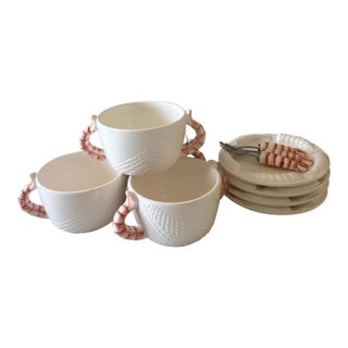 Set of 4 Vintage Coastal Shafford "Sea Fare" Shrimp Tail Bowls, Small Plates and Forks For Sale